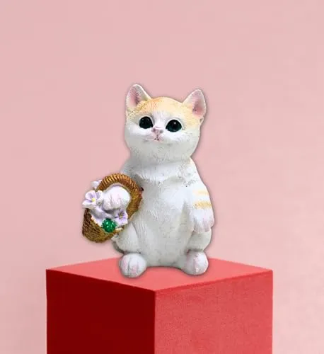 Mini Cat Holding a Basket Statue Miniature for Car Dashboard Decorative Figurines for Home Decor, Showpiece, Living Room Statue