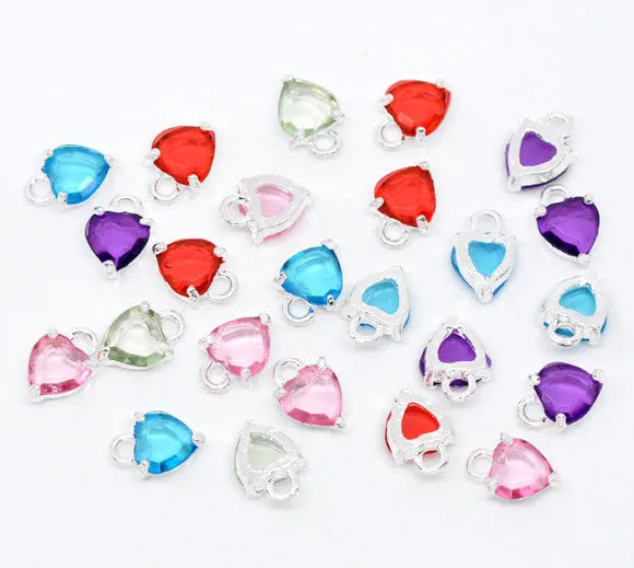 Mixed Colors Silver Plated Rhinestone Faceted HEART Charm Pendants . 10 pieces (2 of each color)  chs1022