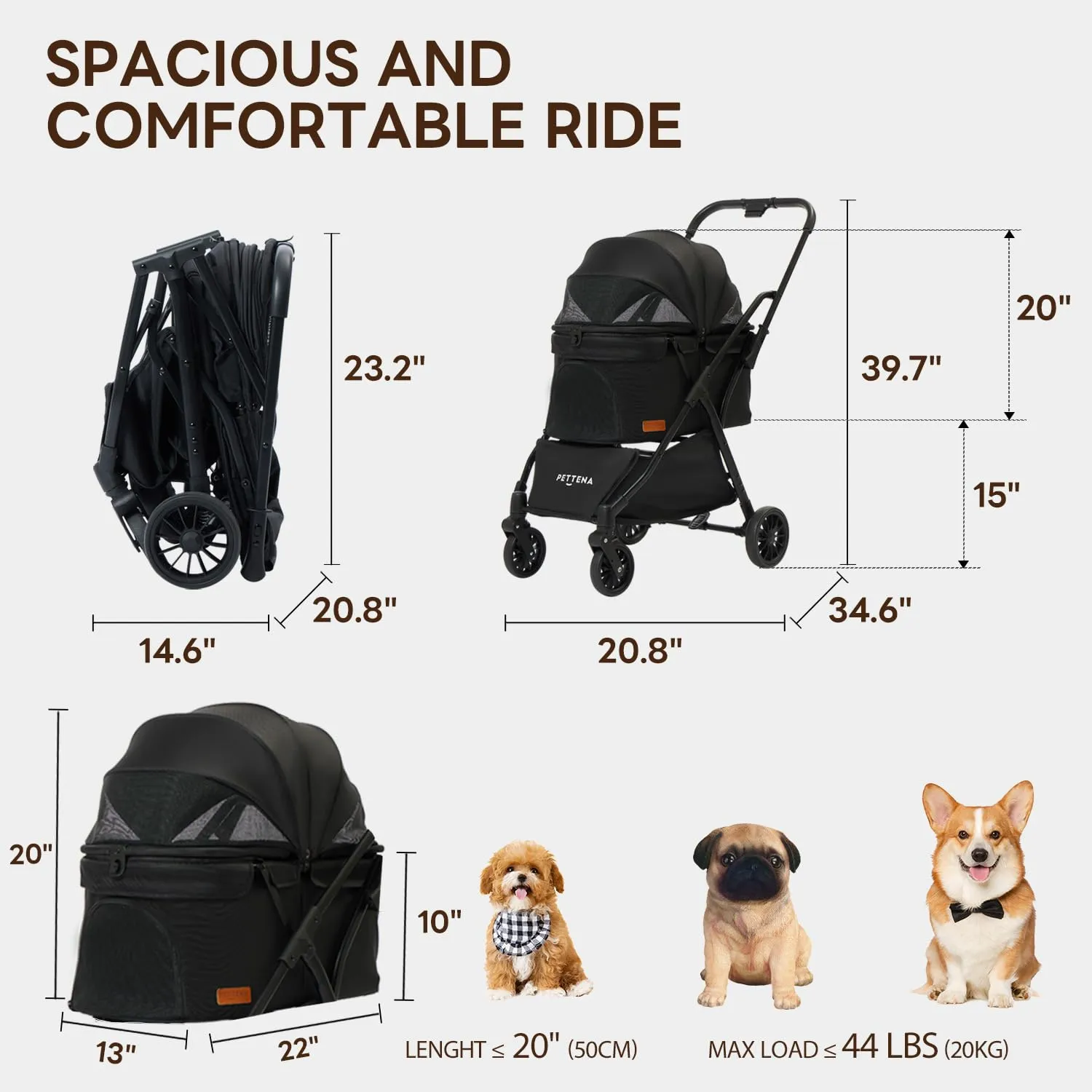 One-Pull Open Ver. PETTENA One-Touch Foldable Dog Stroller for Small Dogs Cats up to 55 Lbs, Cat Stroller for 2 Cats, Large Space, Black