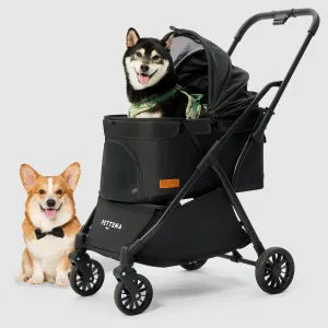 One-Pull Open Ver. PETTENA One-Touch Foldable Dog Stroller for Small Dogs Cats up to 55 Lbs, Cat Stroller for 2 Cats, Large Space, Black