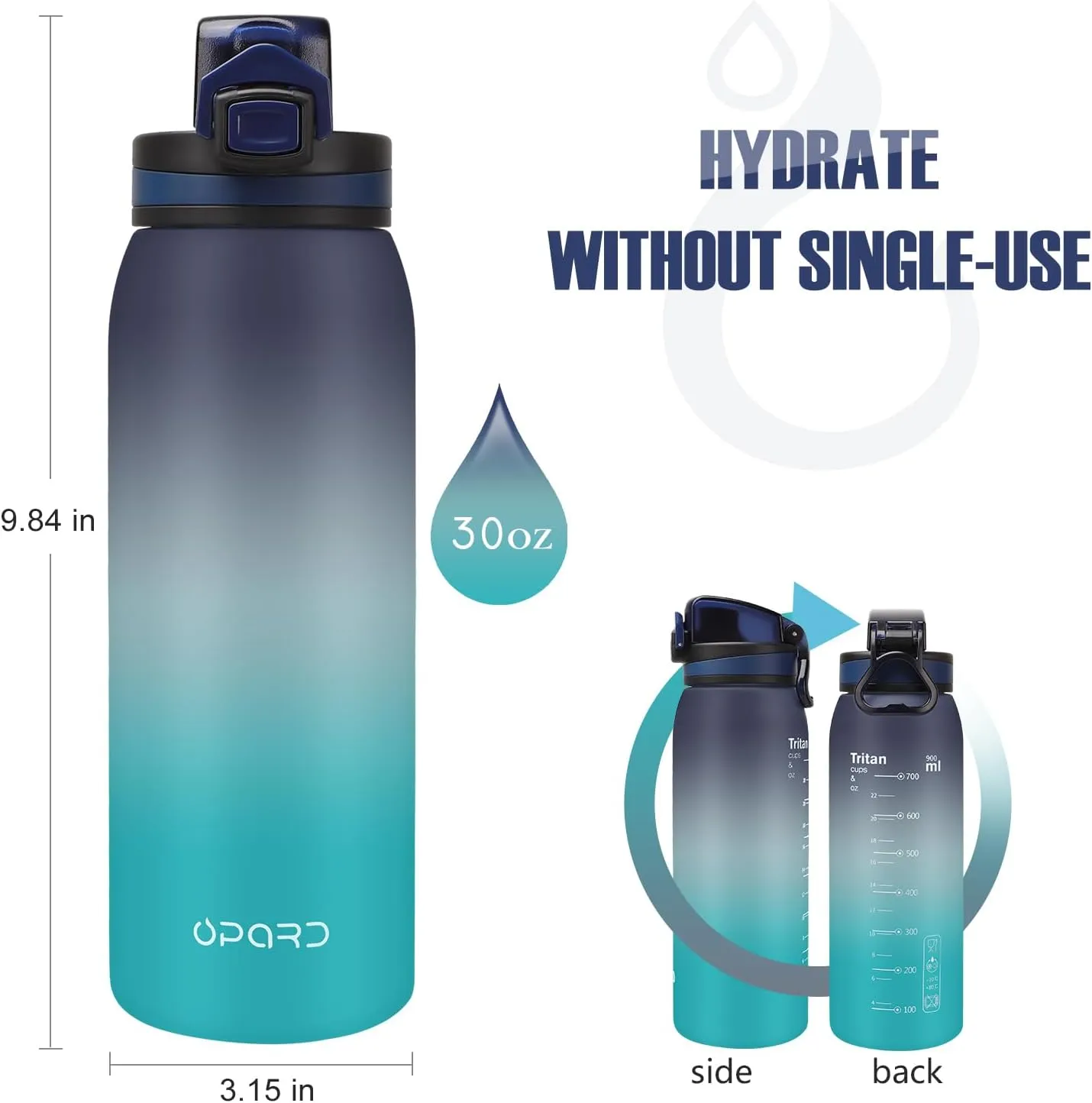 Opard 30oz/32oz Sports Water Bottle with Leak Proof Flip Top Lid BPA Free Tritan Reusable Plastic for Gym and Outdoor, Travel Water Bottle with Straw