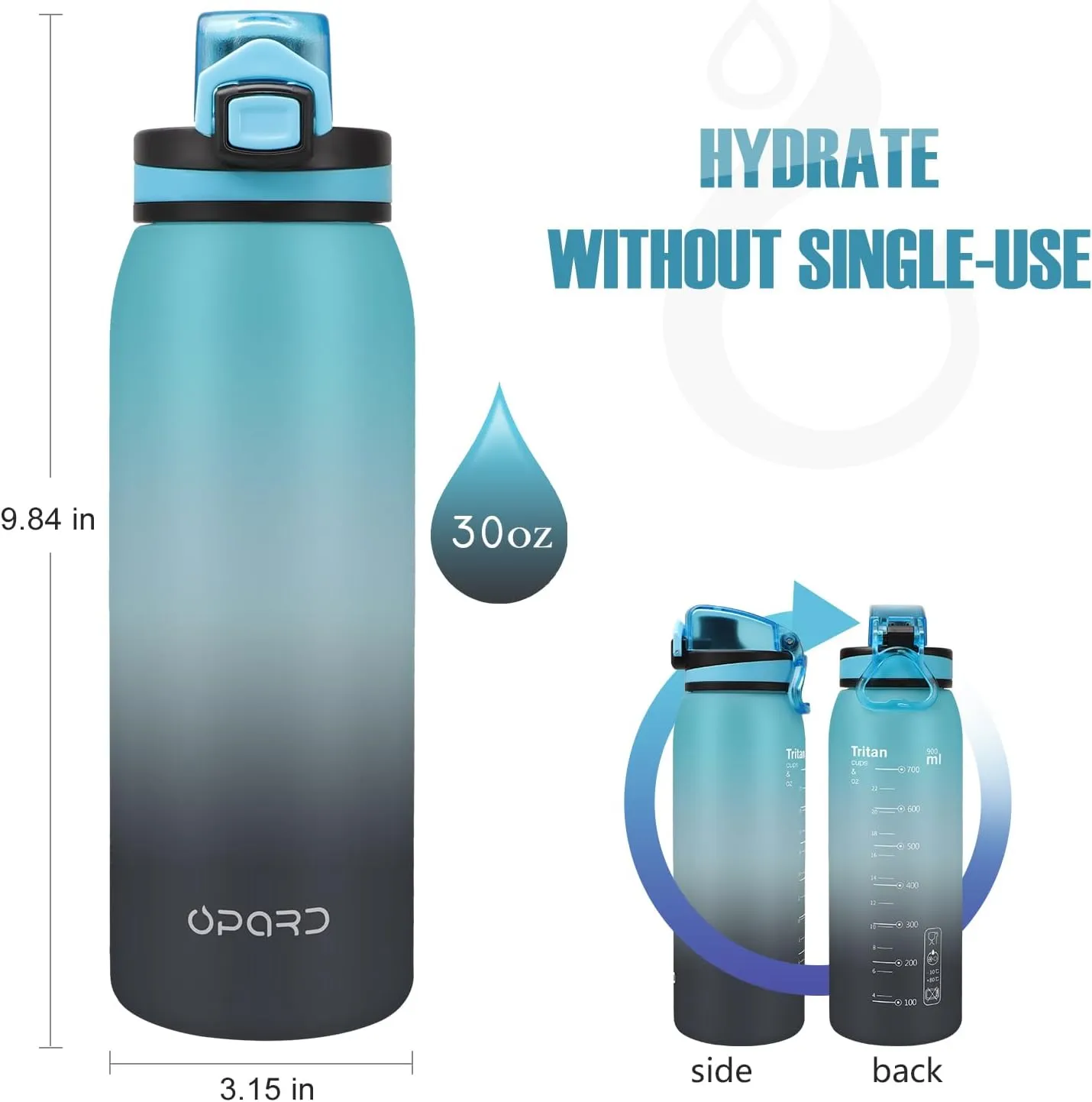 Opard 30oz/32oz Sports Water Bottle with Leak Proof Flip Top Lid BPA Free Tritan Reusable Plastic for Gym and Outdoor, Travel Water Bottle with Straw