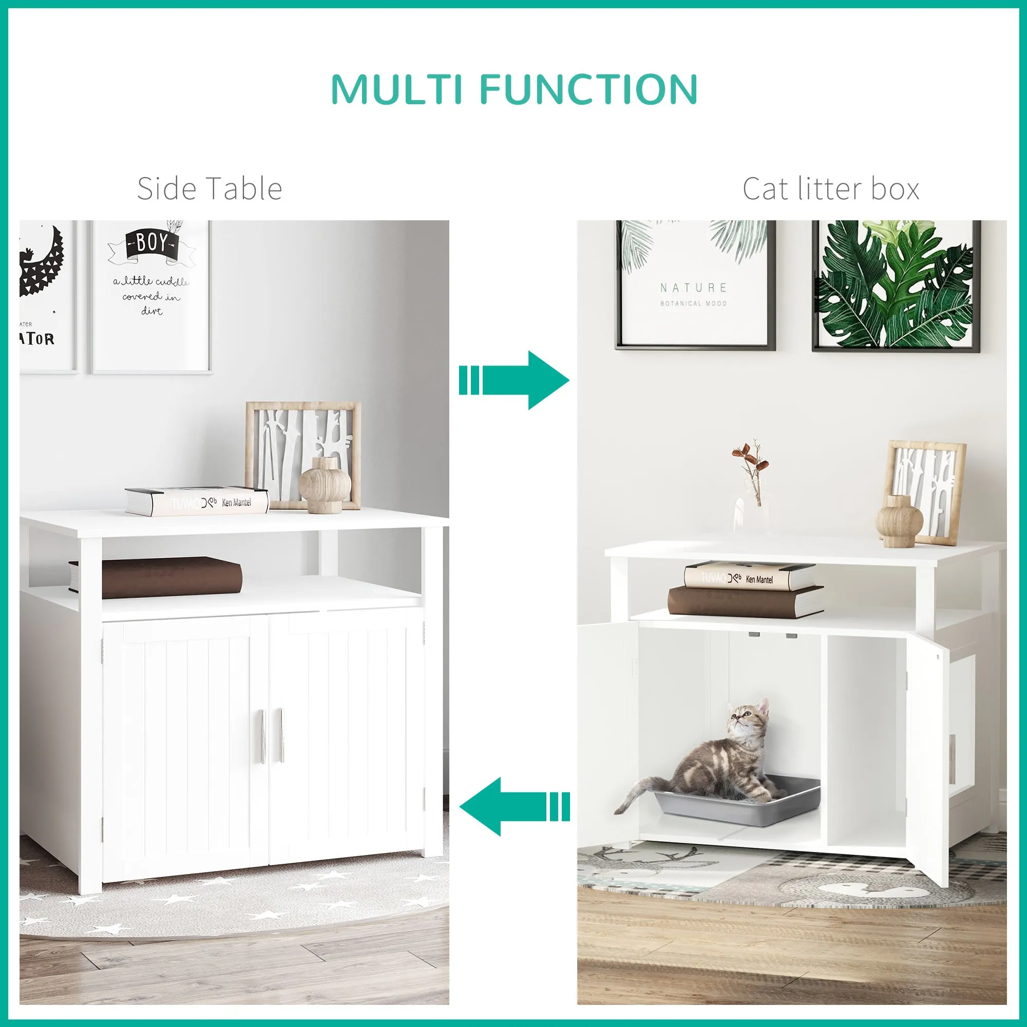 PawHut Wood Cat Litter Box Enclosure Furniture w/ Adjustable Interior Wall White