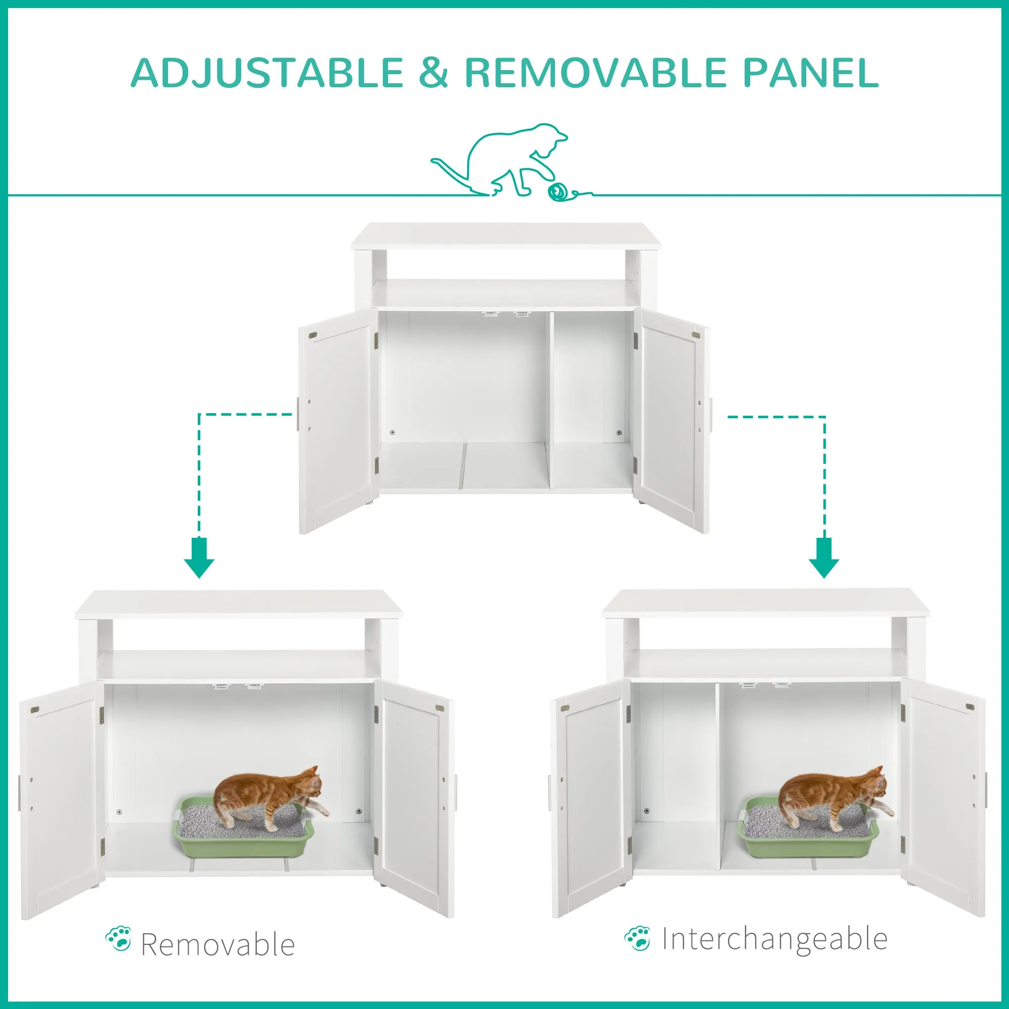 PawHut Wood Cat Litter Box Enclosure Furniture w/ Adjustable Interior Wall White