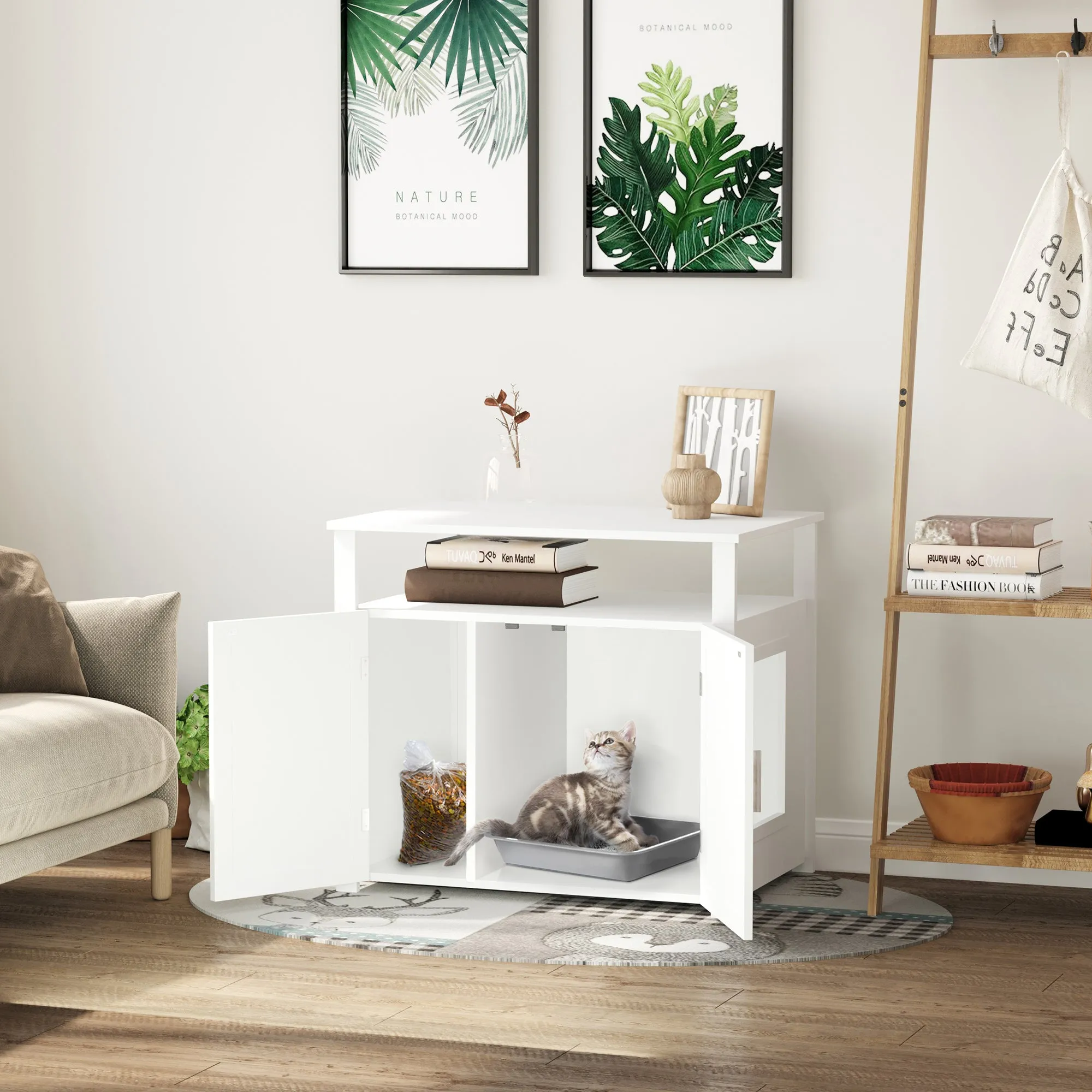 PawHut Wood Cat Litter Box Enclosure Furniture w/ Adjustable Interior Wall White