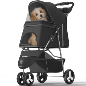 Pet Stroller with 3 Wheels for Small/Medium Pets, Portable Travel Foldable Carrier Jogger for Dog Cat Puppy Kitty, Rear Wheel Breaks, Storage Basket, Visible Mesh with Weather Cover (Black)