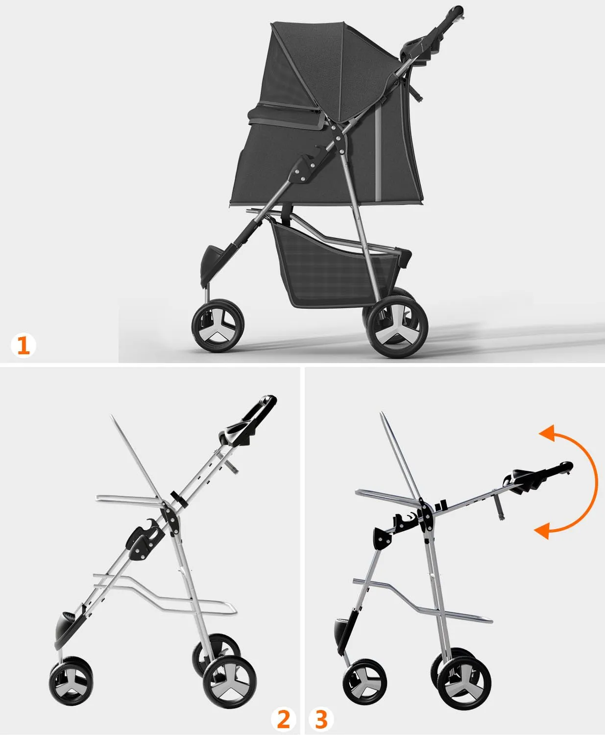 Pet Stroller with 3 Wheels for Small/Medium Pets, Portable Travel Foldable Carrier Jogger for Dog Cat Puppy Kitty, Rear Wheel Breaks, Storage Basket, Visible Mesh with Weather Cover (Black)