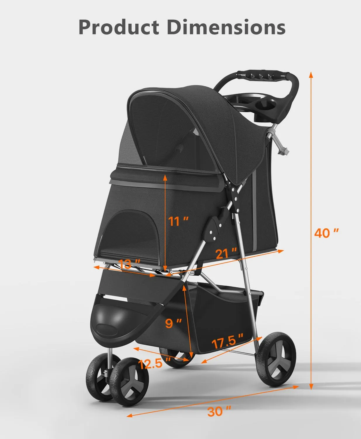 Pet Stroller with 3 Wheels for Small/Medium Pets, Portable Travel Foldable Carrier Jogger for Dog Cat Puppy Kitty, Rear Wheel Breaks, Storage Basket, Visible Mesh with Weather Cover (Black)