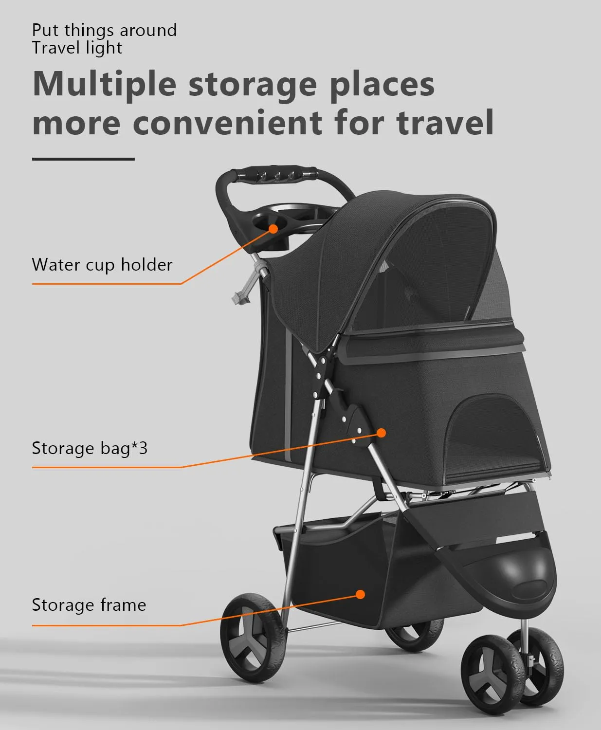 Pet Stroller with 3 Wheels for Small/Medium Pets, Portable Travel Foldable Carrier Jogger for Dog Cat Puppy Kitty, Rear Wheel Breaks, Storage Basket, Visible Mesh with Weather Cover (Black)