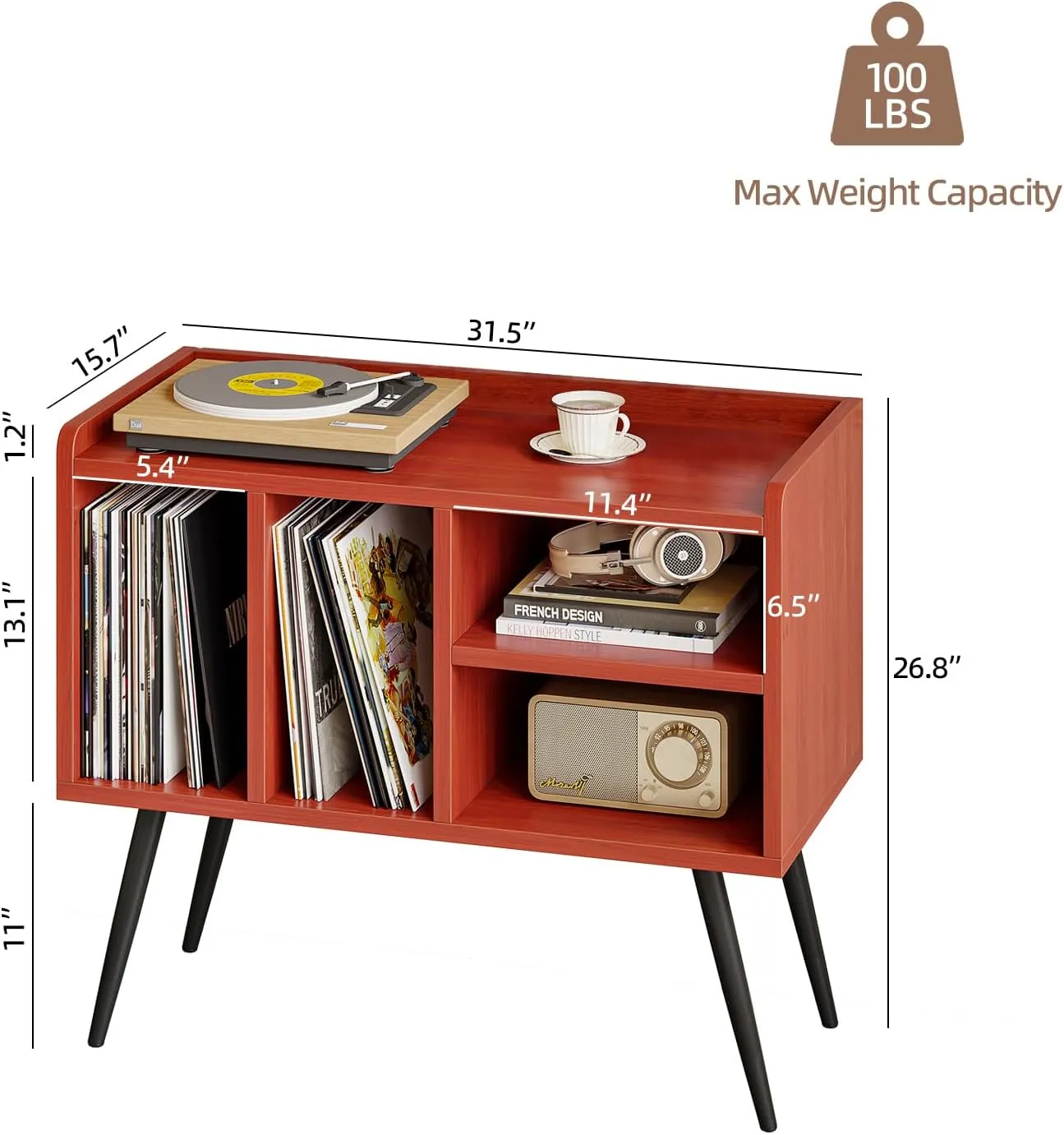 Record Player Stand with Vinyl Storage,Turntable Stand with Solid Wood Legs,Record Player Table Holds Up to 200 Albums,Vinyl Holder Storage Shelf for Bedroom Living Room,Walnut