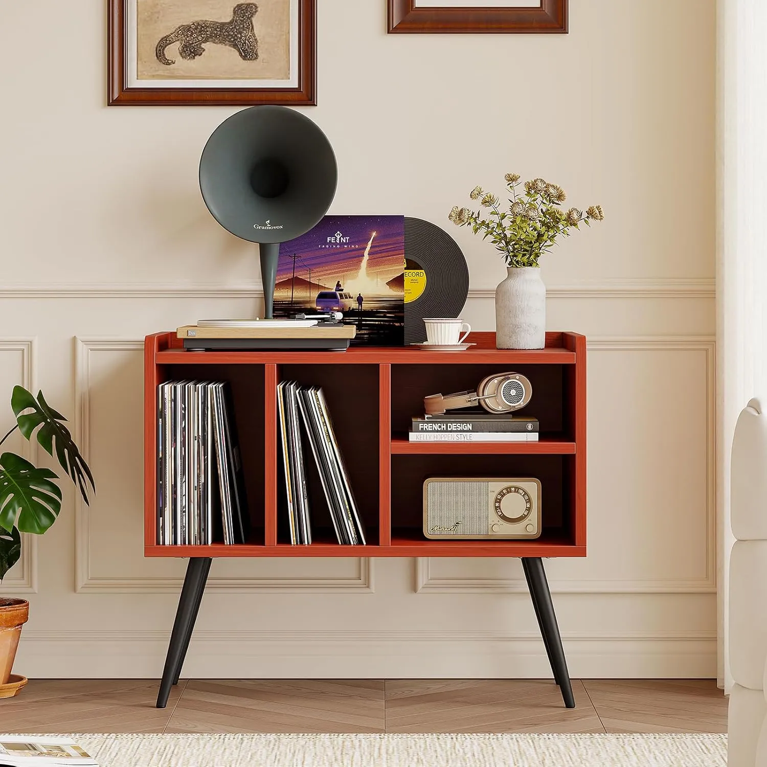 Record Player Stand with Vinyl Storage,Turntable Stand with Solid Wood Legs,Record Player Table Holds Up to 200 Albums,Vinyl Holder Storage Shelf for Bedroom Living Room,Walnut