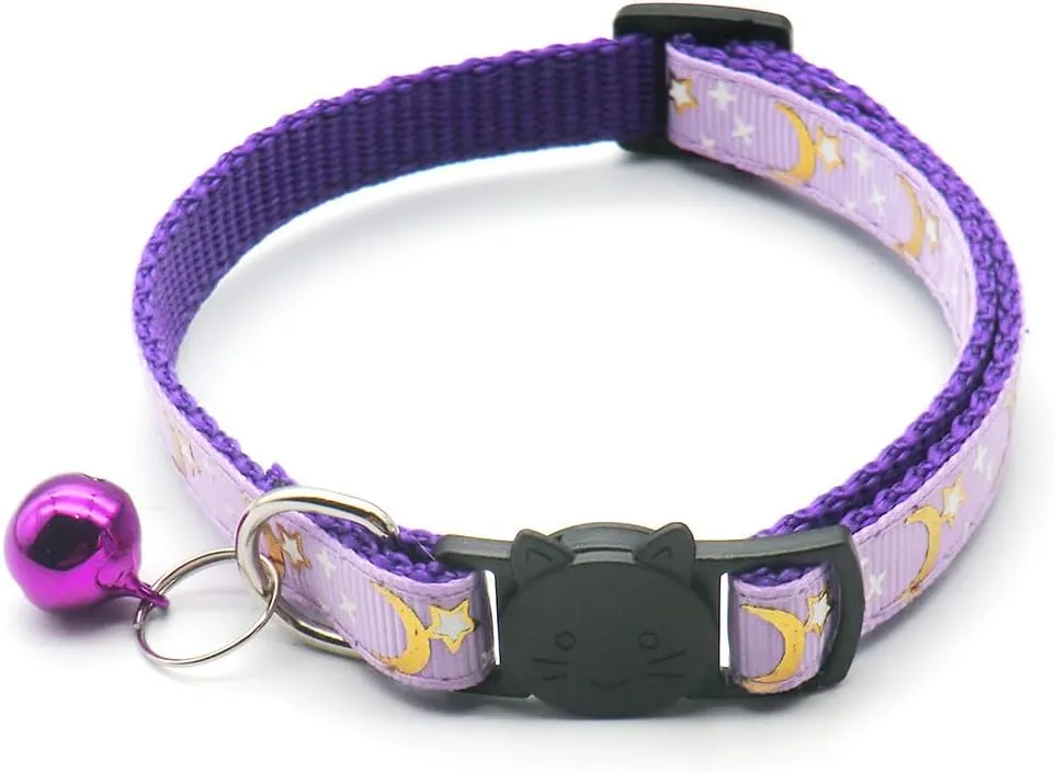 Reflective Cat Collars with Bell 2-Pack Girl Boy Pet Kitten Collar with Star Moon Patetrn Adjustable 7.5-12.5 Inch (Purple)