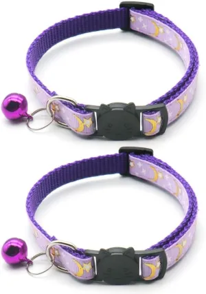 Reflective Cat Collars with Bell 2-Pack Girl Boy Pet Kitten Collar with Star Moon Patetrn Adjustable 7.5-12.5 Inch (Purple)