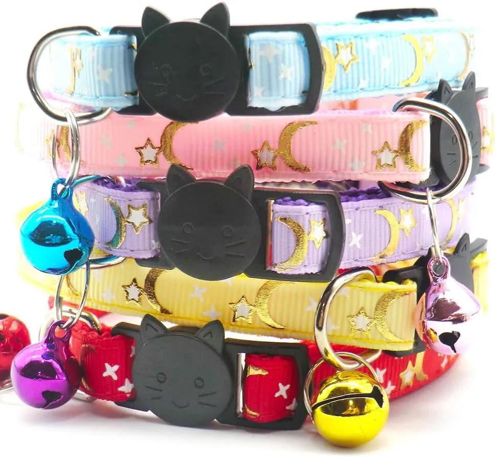 Reflective Cat Collars with Bell 2-Pack Girl Boy Pet Kitten Collar with Star Moon Patetrn Adjustable 7.5-12.5 Inch (Purple)