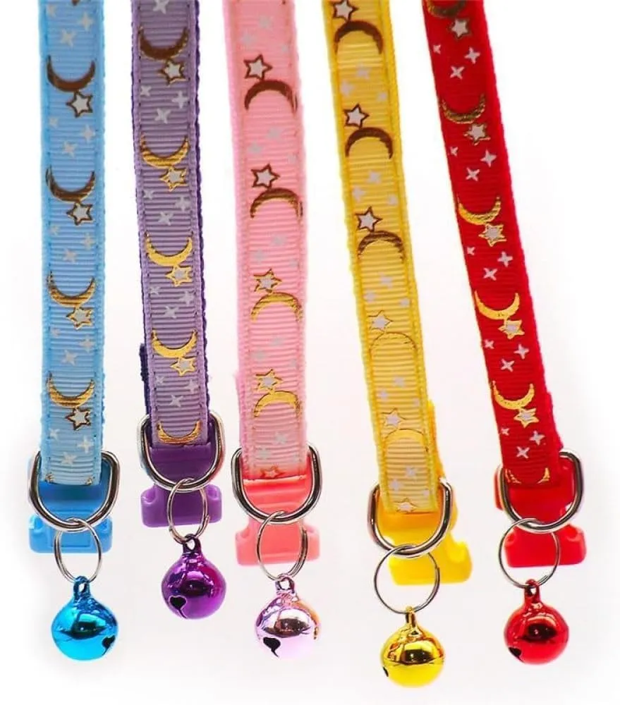 Reflective Cat Collars with Bell 2-Pack Girl Boy Pet Kitten Collar with Star Moon Patetrn Adjustable 7.5-12.5 Inch (Purple)