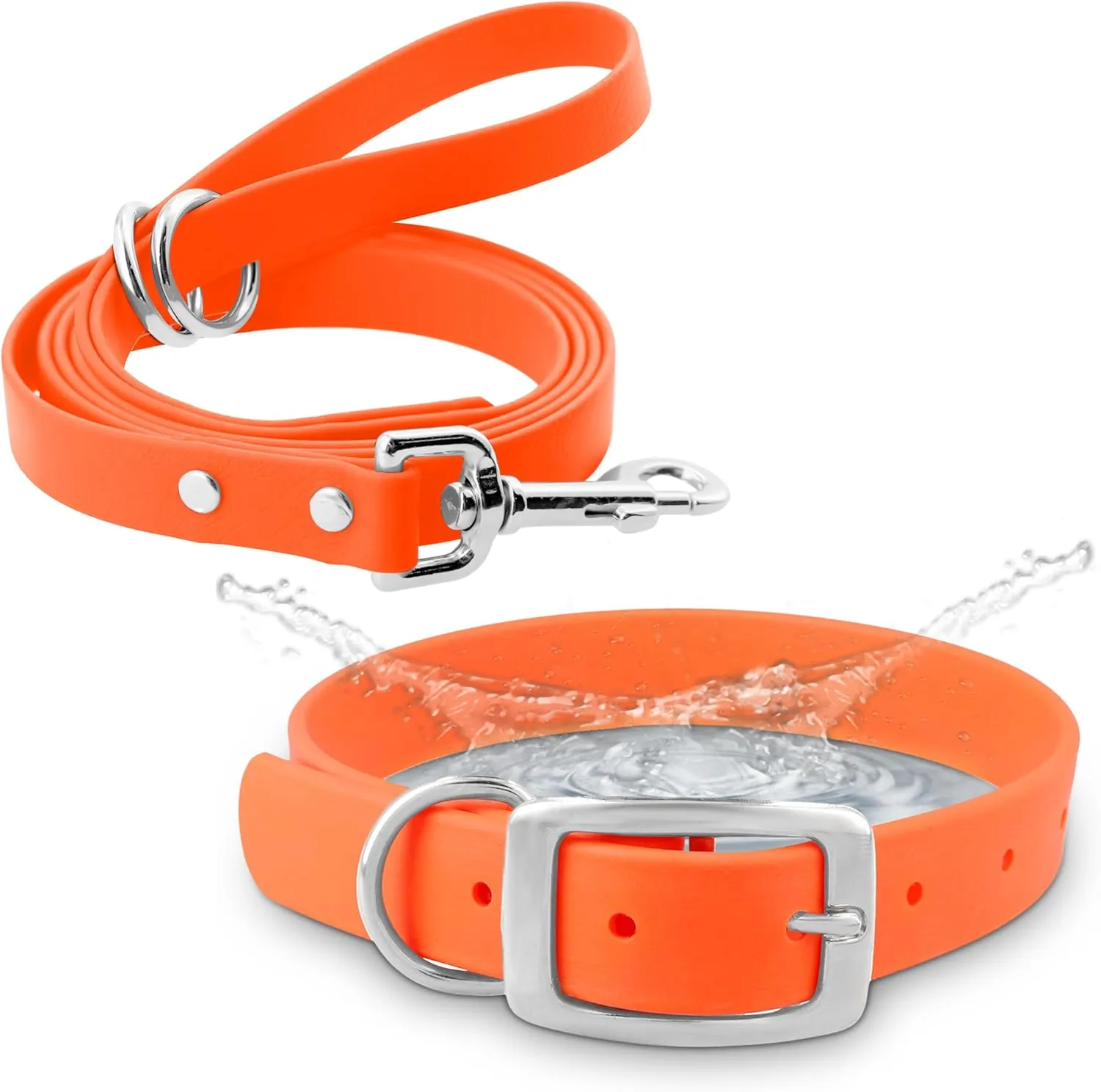 Regal Dog Products Large Orange Waterproof Dog Collar and Leash Set | Heavy Duty Double Buckle & D Ring - 5'ft Leash | Adjustable Biothane Dog Collar | Chew Resistant Waterproof Collar for Dogs