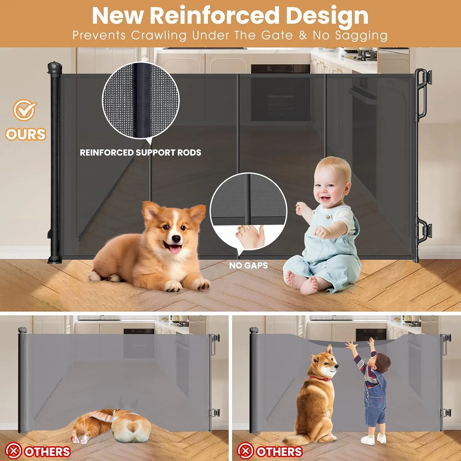 Reinforced Retractable Baby Gate or Mesh Dog Gate,Easy to Use for Stairs, Doorways, Hallways, Indoor, Outdoor, Wide Pet Gate 33.5" Tall, Extends to 65" Wide, Black