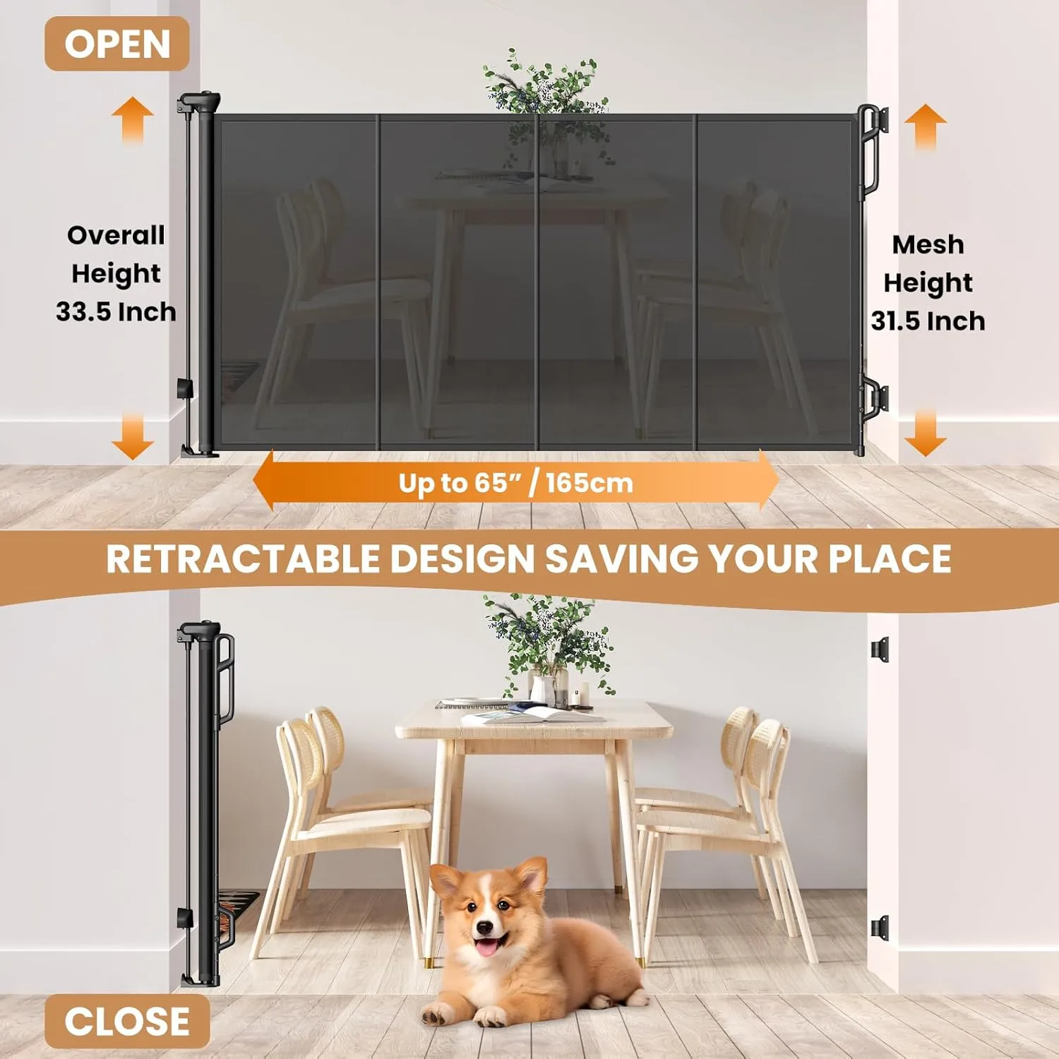 Reinforced Retractable Baby Gate or Mesh Dog Gate,Easy to Use for Stairs, Doorways, Hallways, Indoor, Outdoor, Wide Pet Gate 33.5" Tall, Extends to 65" Wide, Black