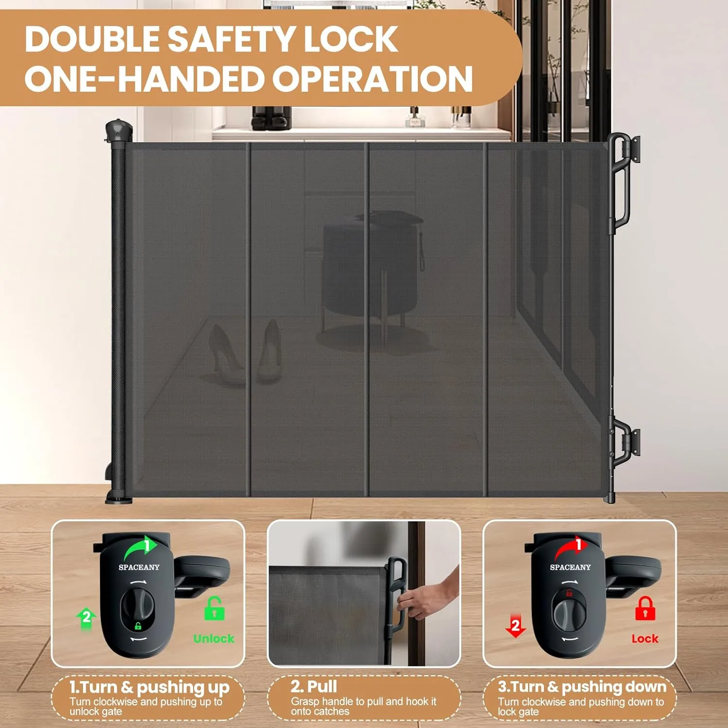 Reinforced Retractable Baby Gate or Mesh Dog Gate,Easy to Use for Stairs, Doorways, Hallways, Indoor, Outdoor, Wide Pet Gate 33.5" Tall, Extends to 65" Wide, Black