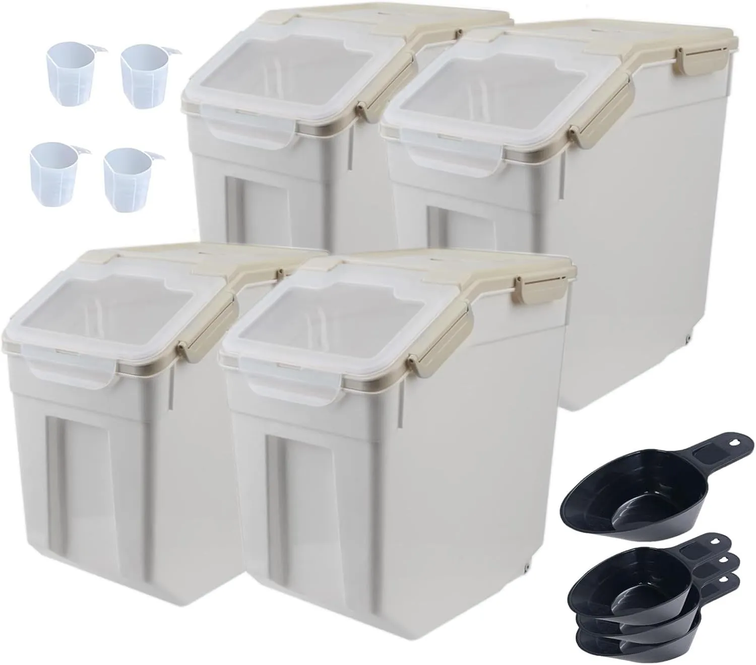 Rice Container 25 lbs Airtight, 4 Packs Flour Storage Containers Bin with Wheels Seal Locking Lid, BPA Free, Measuring Cup & Scoop, Kitchen Organizer Boxes for Grain, Sugar, Beans, Cereal (Grey)