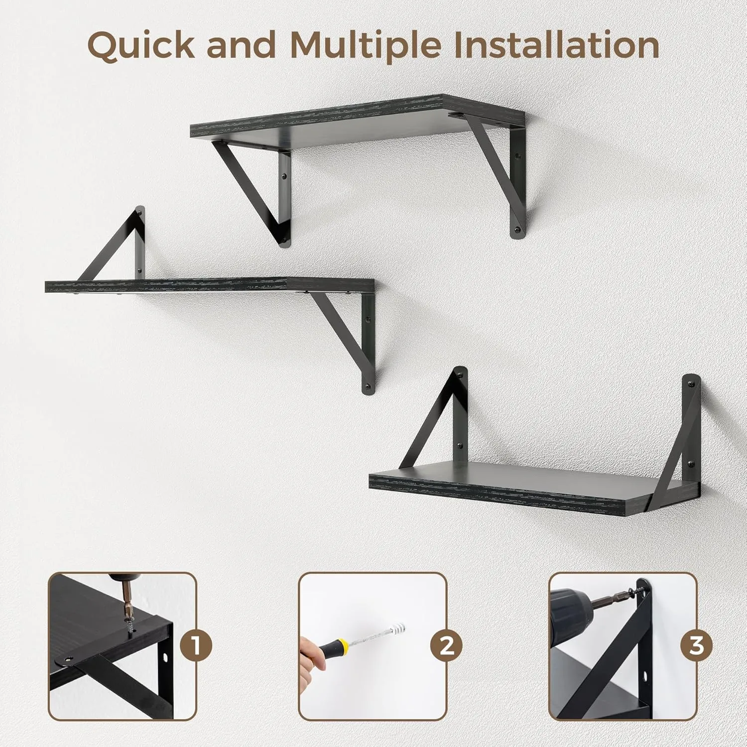 ShelfLoft 16.5" Wide x 5.9" Deep Black Floating Shelves with Black Bracket, Set of 3