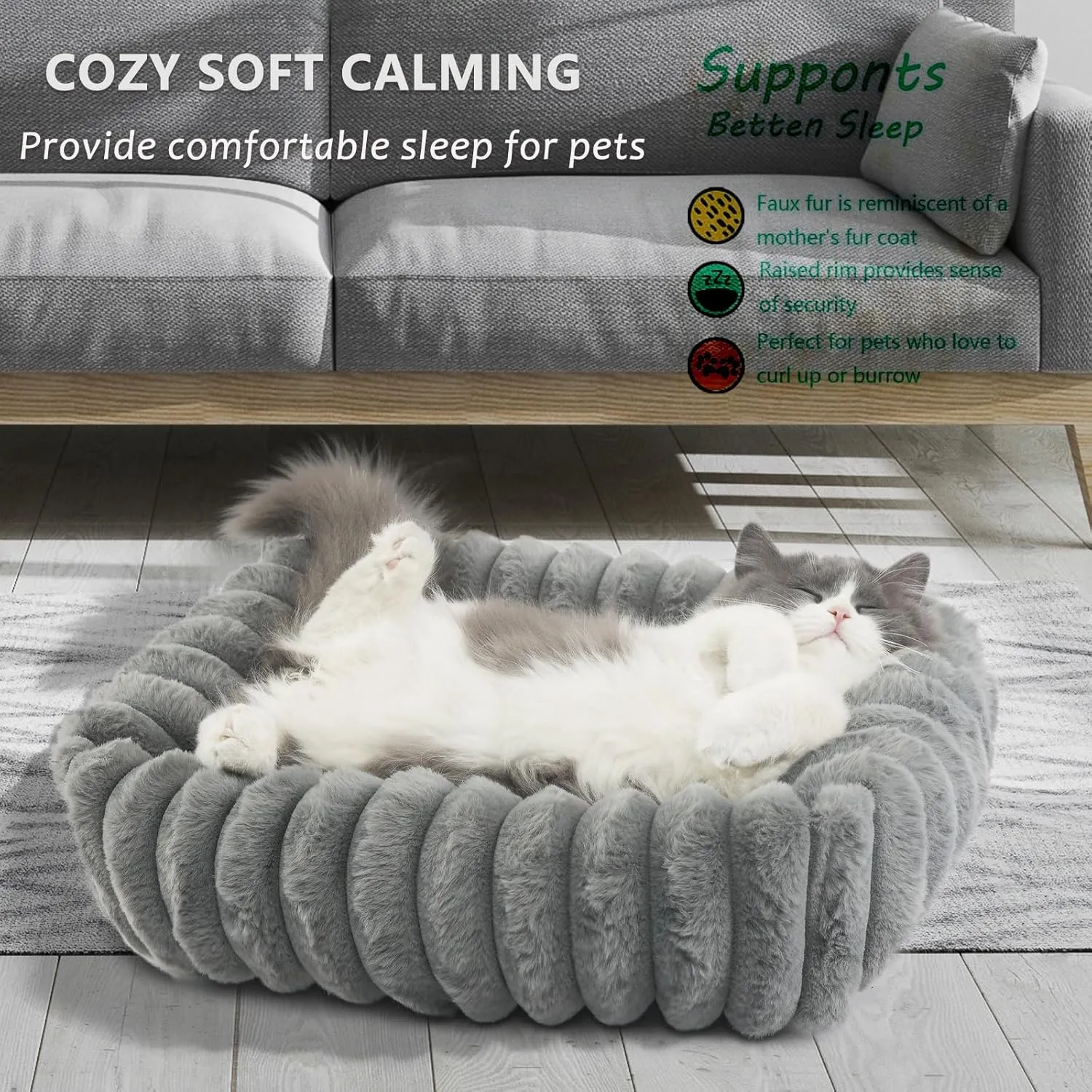 Small Cat Beds for Indoor Cats Washable Furry Kitten Beds with Sides,Rectangle Orthopedic Soft Calming Comfy Sleeping Extra Small Pet Beds for Cats Dogs Puppy,18x14x4 Inch,Warm Grey