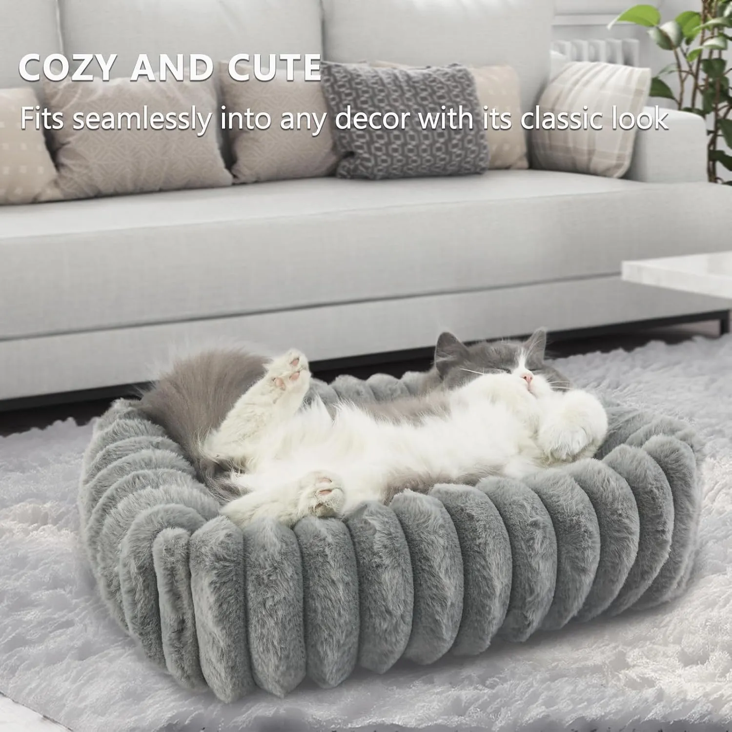 Small Cat Beds for Indoor Cats Washable Furry Kitten Beds with Sides,Rectangle Orthopedic Soft Calming Comfy Sleeping Extra Small Pet Beds for Cats Dogs Puppy,18x14x4 Inch,Warm Grey