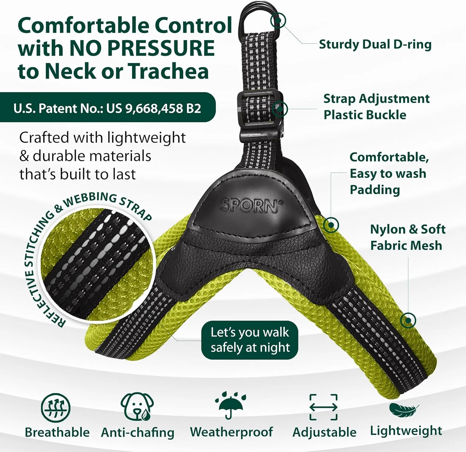 Sporn Easy-Fit Mesh Dog Harness Large Sized Dog, Yellow Soft Fabric Nylon No Choke Dog Harness Large Size Dog, Breathable & Easy Dog Walking Harness, Provides to Large Breeds