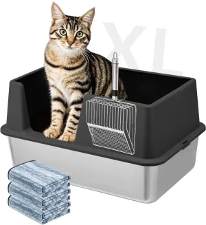 Stainless Steel Litter Box with Lid, Extra Large Metal Cat Box for Big Cats, High Sided Kitty Litter Box with Scoop & Pee Pads, XL, Open Top, Non-Sticky, Anti-Leakage, Easy to Clean (Black, X-Large)