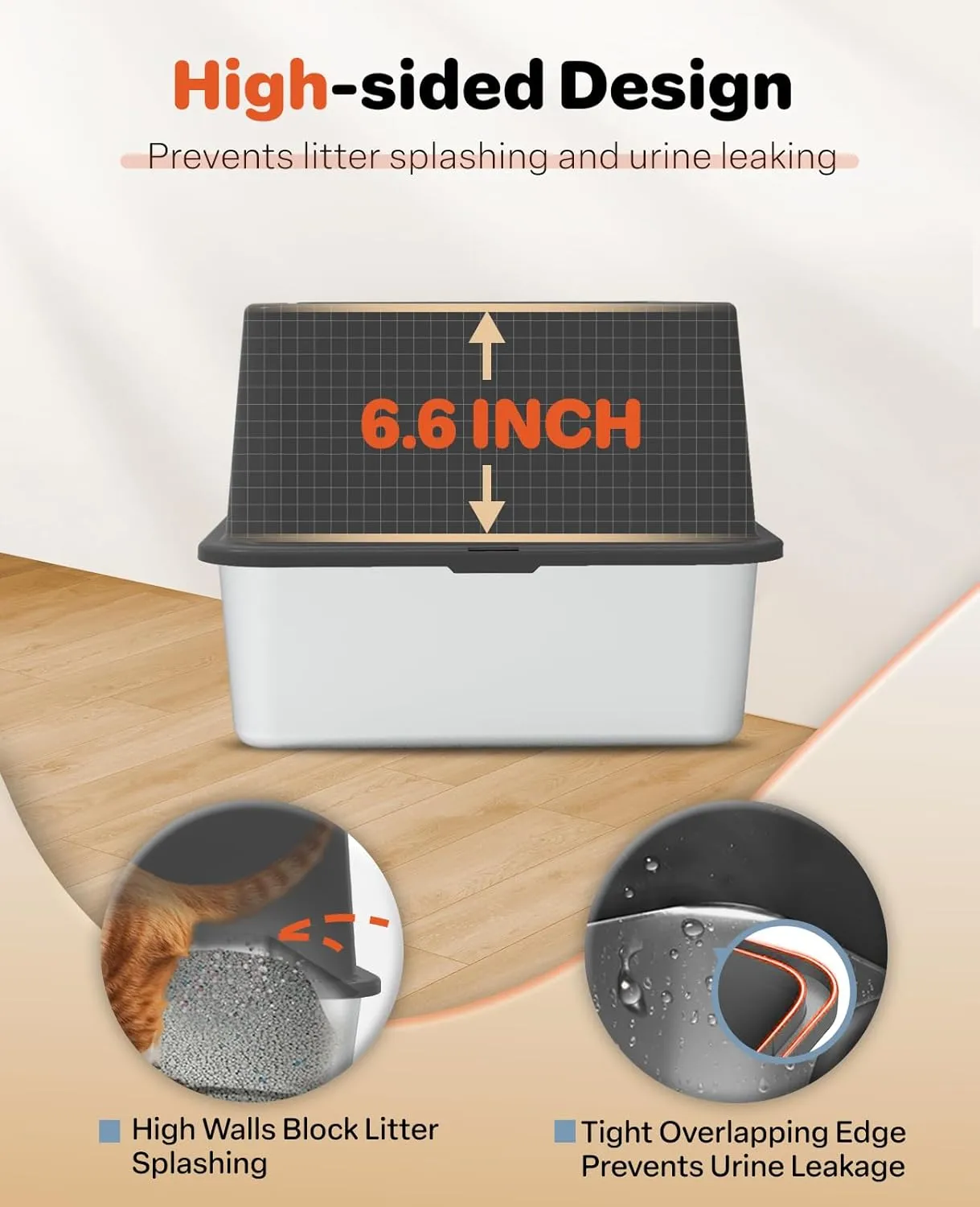 Stainless Steel Litter Box with Lid, Extra Large Metal Cat Box for Big Cats, High Sided Kitty Litter Box with Scoop & Pee Pads, XL, Open Top, Non-Sticky, Anti-Leakage, Easy to Clean (Black, X-Large)