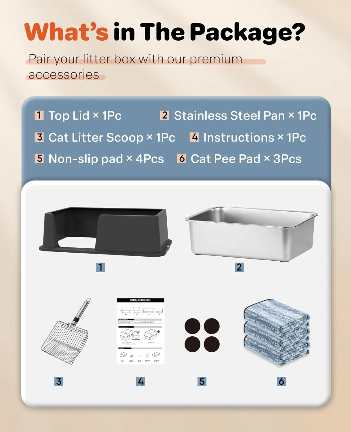 Stainless Steel Litter Box with Lid, Extra Large Metal Cat Box for Big Cats, High Sided Kitty Litter Box with Scoop & Pee Pads, XL, Open Top, Non-Sticky, Anti-Leakage, Easy to Clean (Black, X-Large)