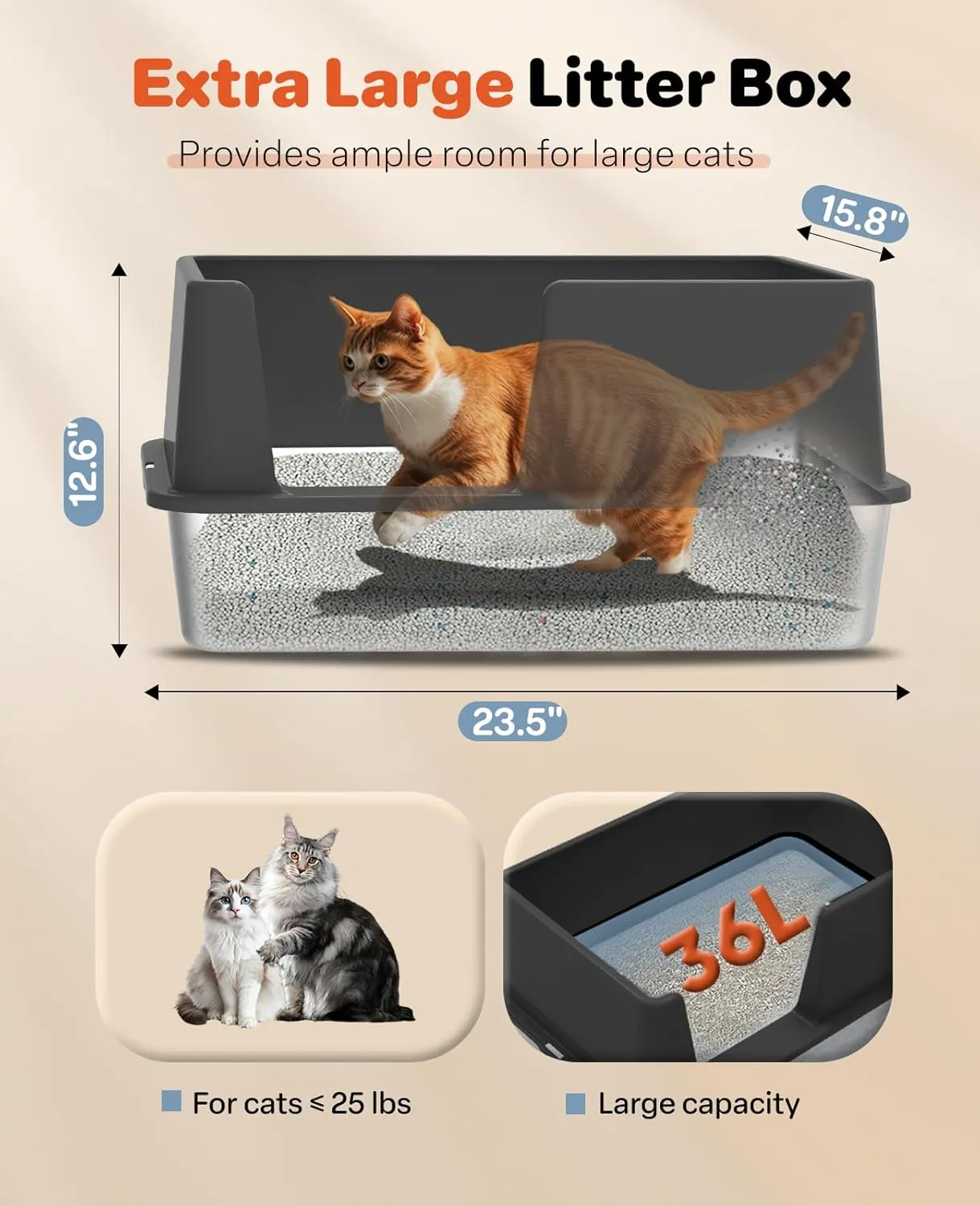 Stainless Steel Litter Box with Lid, Extra Large Metal Cat Box for Big Cats, High Sided Kitty Litter Box with Scoop & Pee Pads, XL, Open Top, Non-Sticky, Anti-Leakage, Easy to Clean (Black, X-Large)