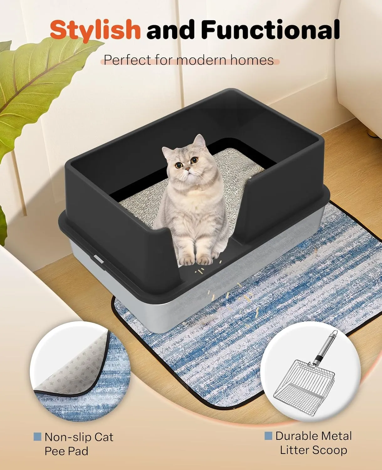 Stainless Steel Litter Box with Lid, Extra Large Metal Cat Box for Big Cats, High Sided Kitty Litter Box with Scoop & Pee Pads, XL, Open Top, Non-Sticky, Anti-Leakage, Easy to Clean (Black, X-Large)