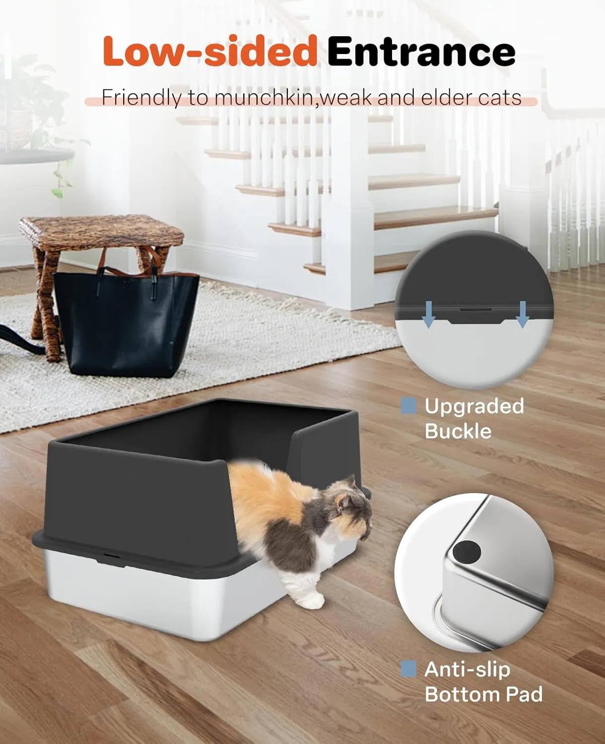 Stainless Steel Litter Box with Lid, Extra Large Metal Cat Box for Big Cats, High Sided Kitty Litter Box with Scoop & Pee Pads, XL, Open Top, Non-Sticky, Anti-Leakage, Easy to Clean (Black, X-Large)