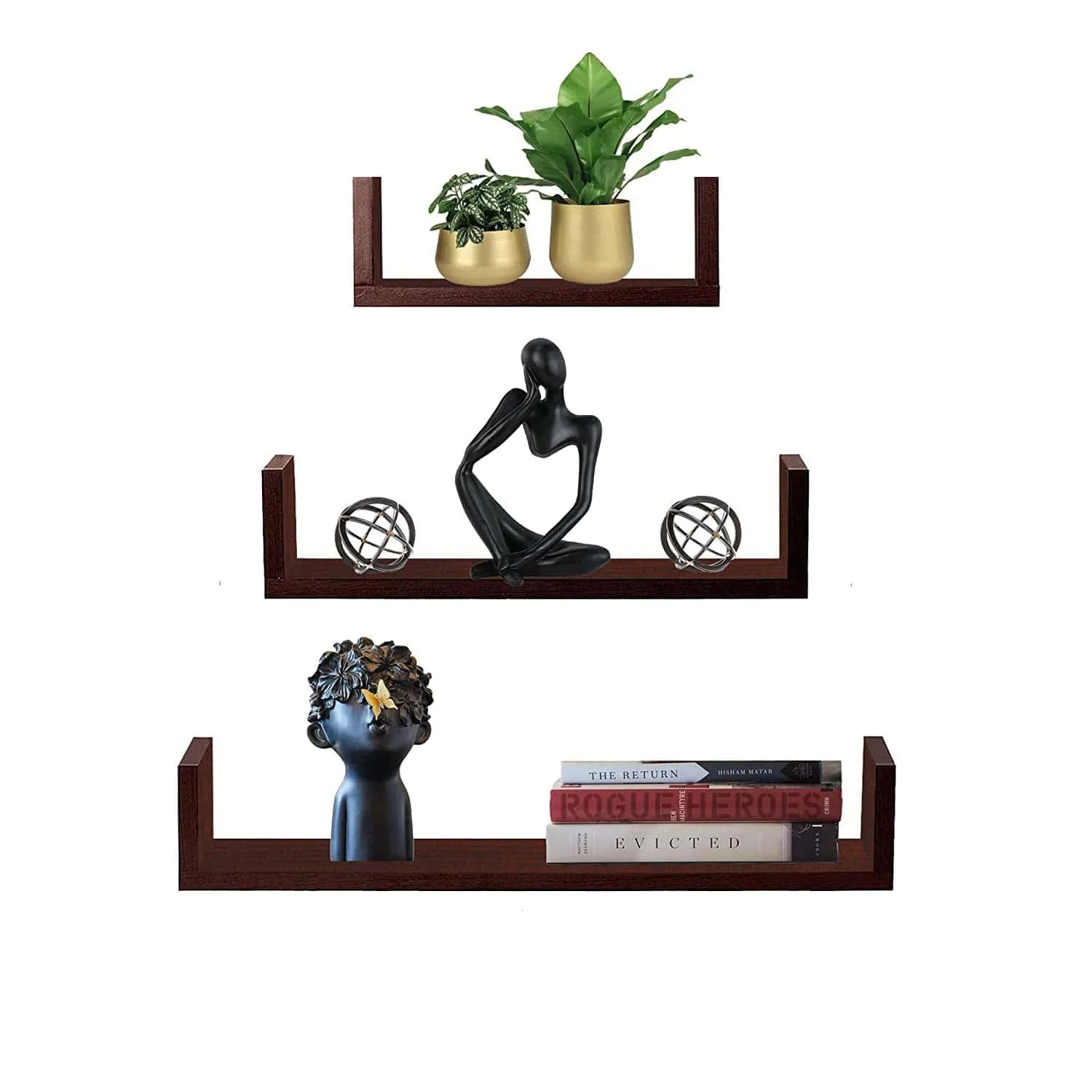 U Shaped Wall Shelf For Living Room Stylish | Wooden Floating Wall Shelves | Storage Racks Organizer and Book Shelves (Set of 3, Mahogany Finish)