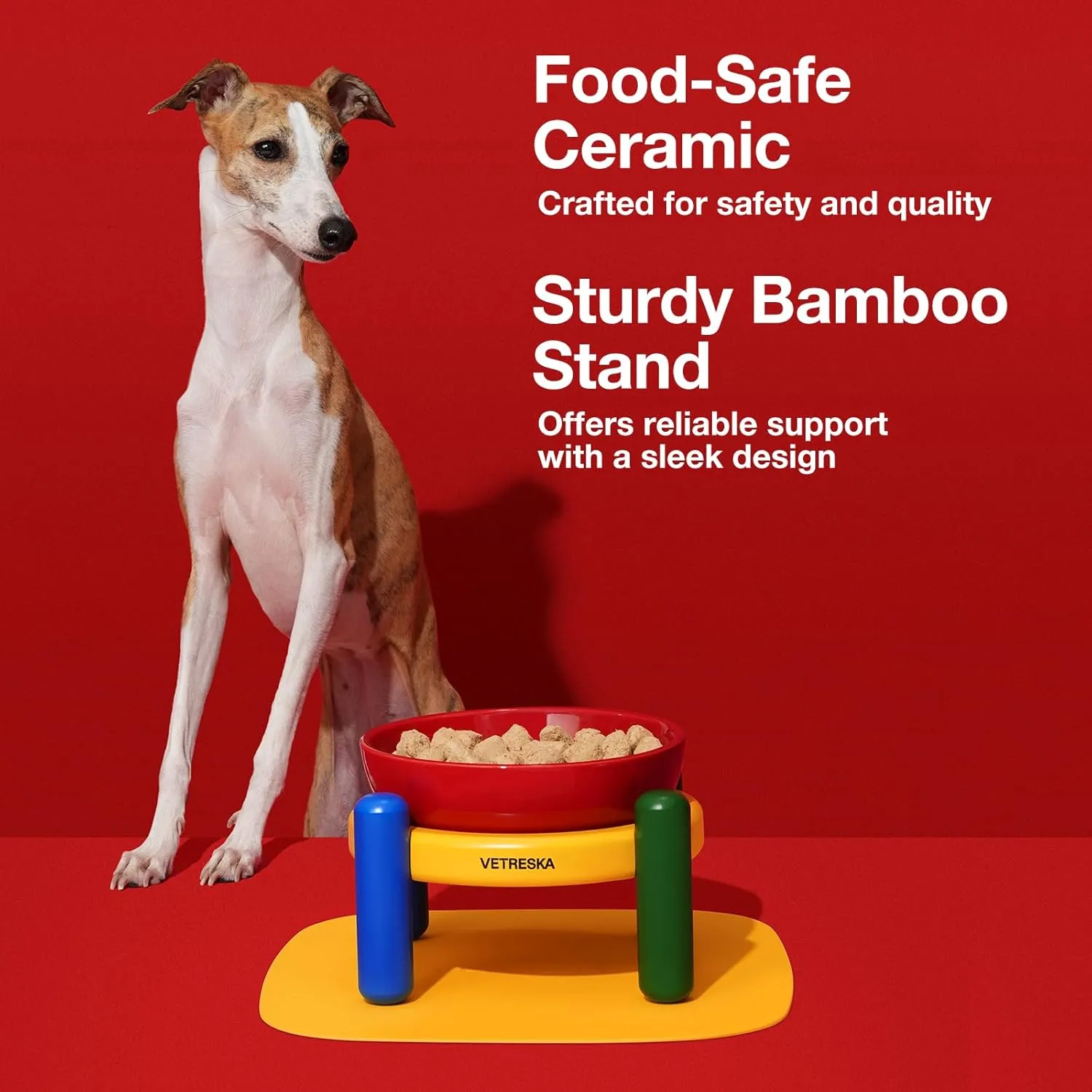 VETRESKA Elevated Dog Bowl with Bamboo Stand, Raised Ceramic Cat Dog Bowls Large,30.5OZ No Slip Food/Water Bowl Dog Feeding Station Dishes for Medium Large Pet