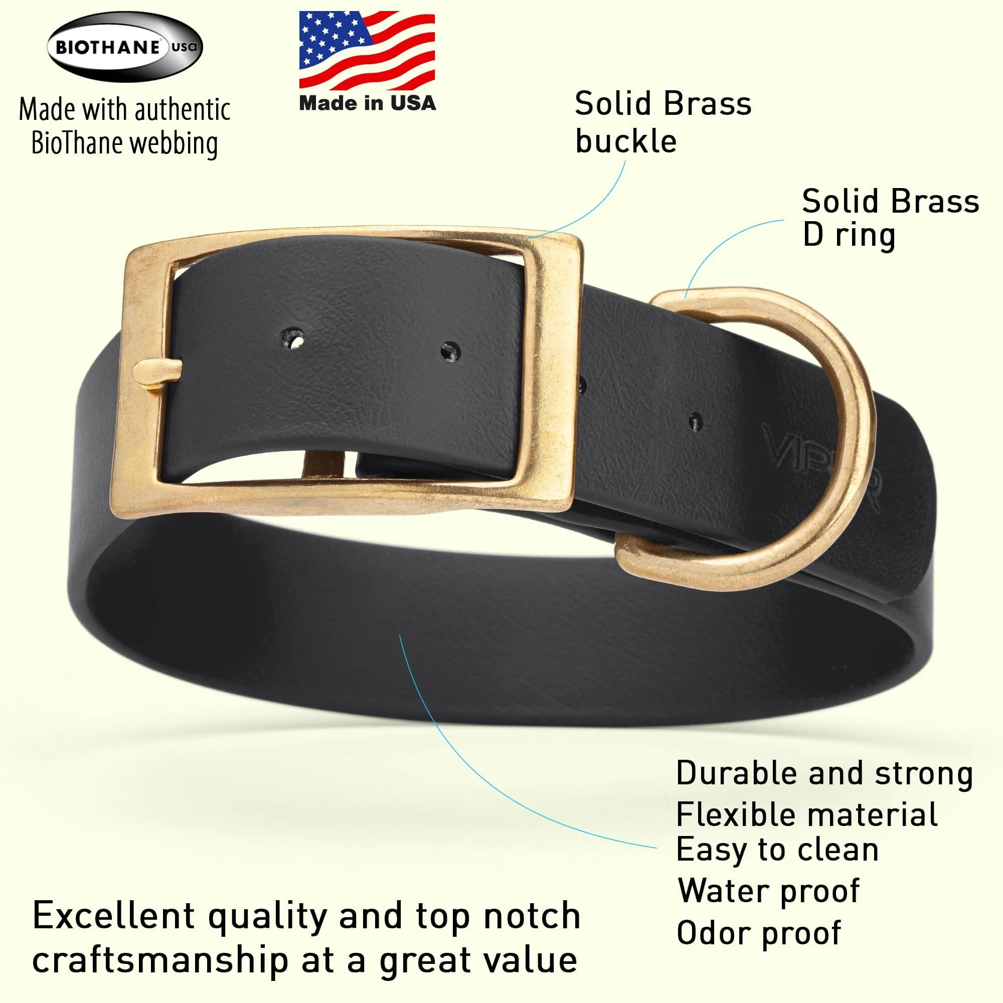 Viper Biothane Waterproof Dog Collar - Brass Hardware - Wide - Size L (16" - 20")