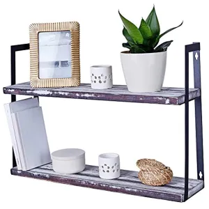 Wall Mount Rustic Shelves - Floating 2-Tier Hanging Shelf