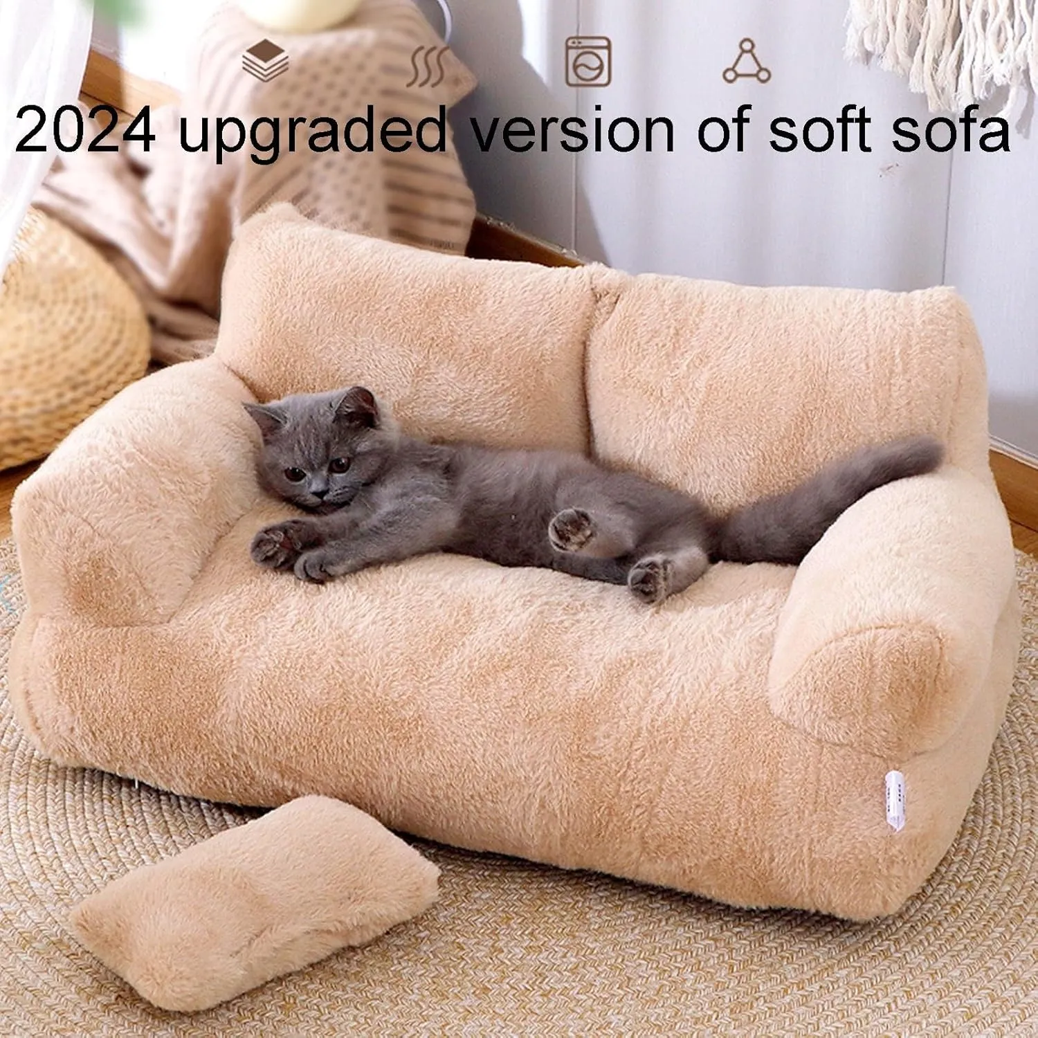 Washable Pet Sofa for Small Dogs Self Warming Kitten Cushion Soft Girl Puppy Sleeping Bed,Plush Sofa Bed for Dogs, Calming Pet Sofa, Plush Dog Sofa with Removable Washable Cover .,M,Beige