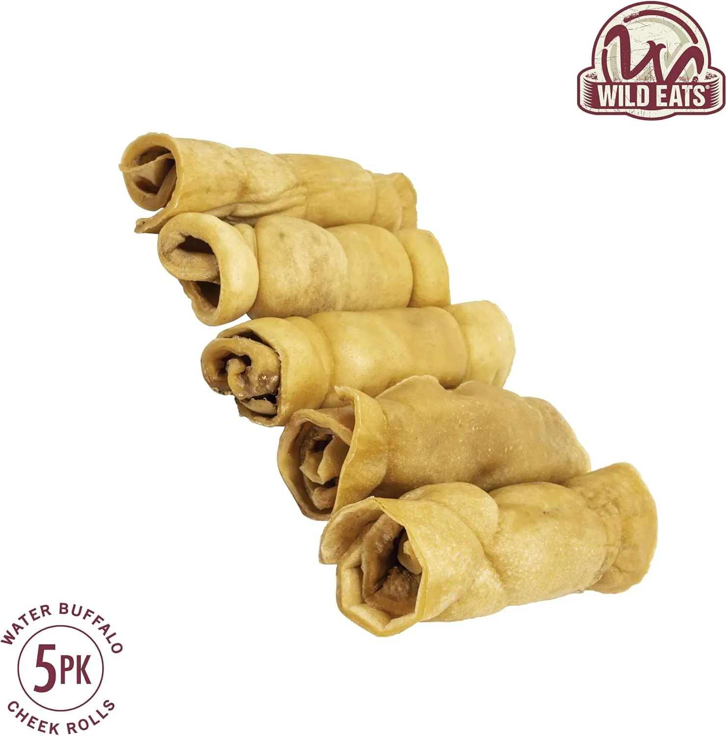 Water Buffalo Retriever Style Cheek Roll Dog Chews-5 Pack (Long Lasting Chews, Treats, Bones for Aggressive Chewers & Large Dogs) Great Substitute Pig Ears Dogs