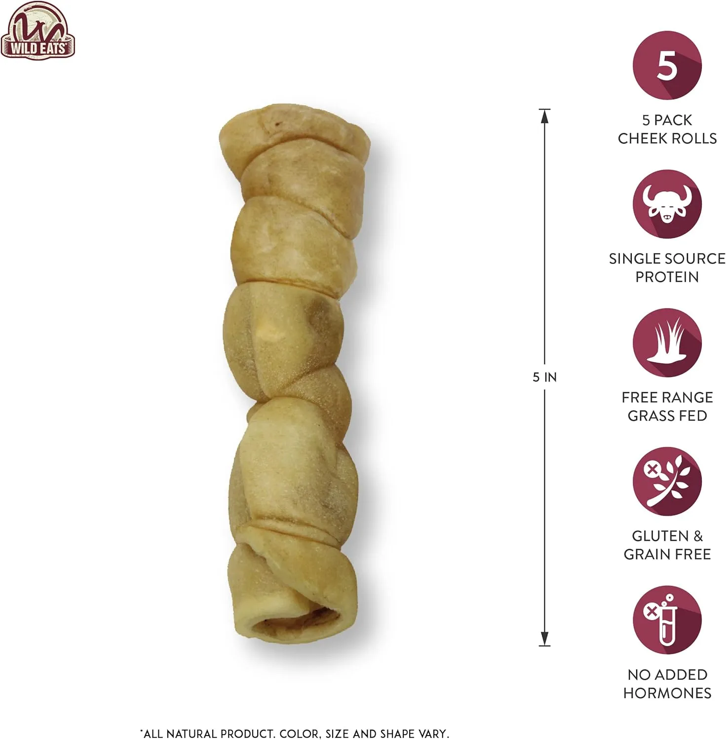 Water Buffalo Retriever Style Cheek Roll Dog Chews-5 Pack (Long Lasting Chews, Treats, Bones for Aggressive Chewers & Large Dogs) Great Substitute Pig Ears Dogs