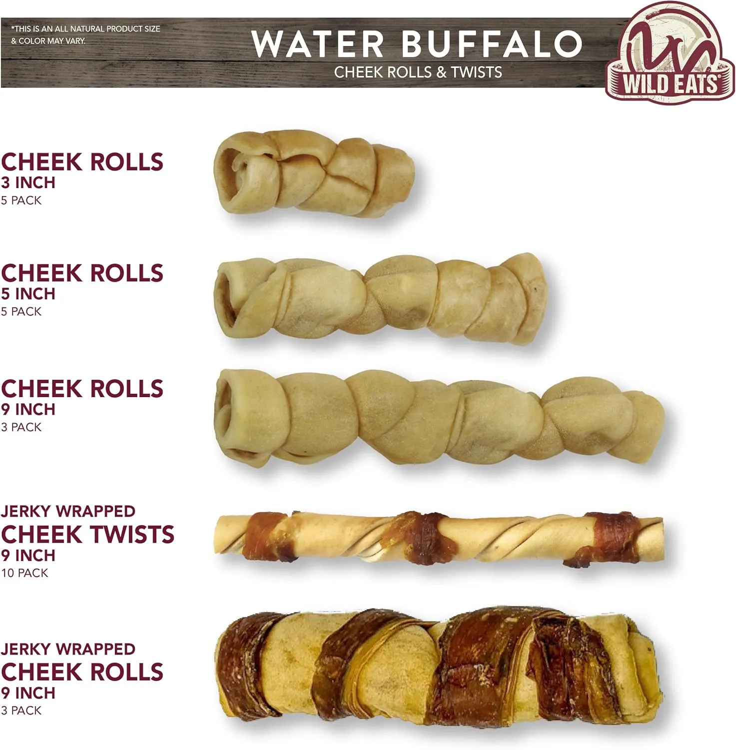 Water Buffalo Retriever Style Cheek Roll Dog Chews-5 Pack (Long Lasting Chews, Treats, Bones for Aggressive Chewers & Large Dogs) Great Substitute Pig Ears Dogs