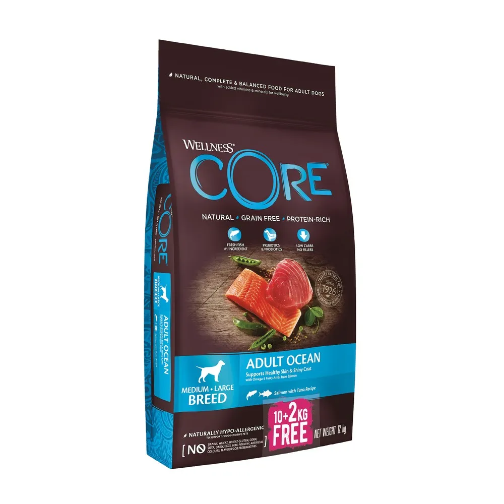 Wellness Core Ocean Fish Salmon and Tuna Grain Free Adult Dry Dog Food 10kg   2kg Free