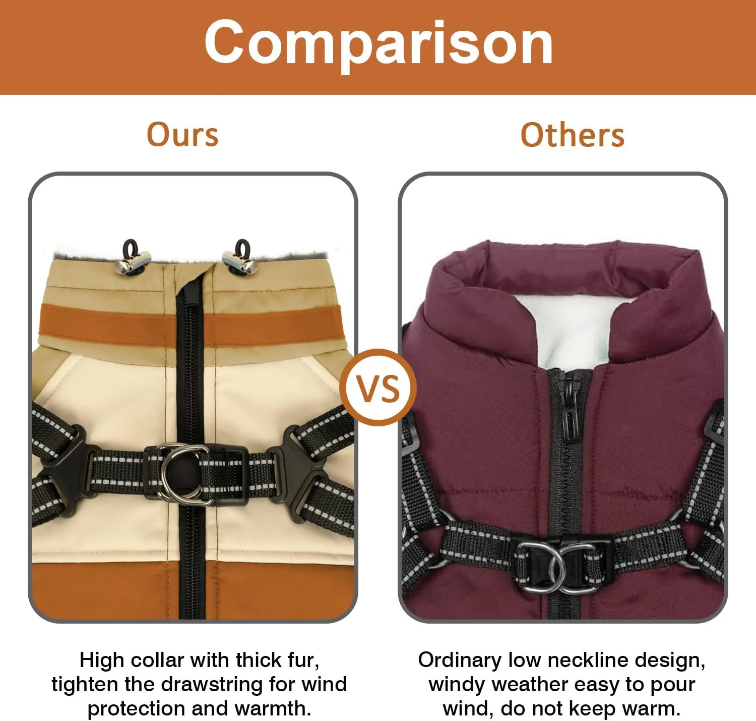 Winter Coat, Waterproof Jacket, Warm Turtleneck Fleece Vest With Built-in Harness, Reflective Snow Jacket Snowsuit for Small Medium Large Dogs, Orange XXXL